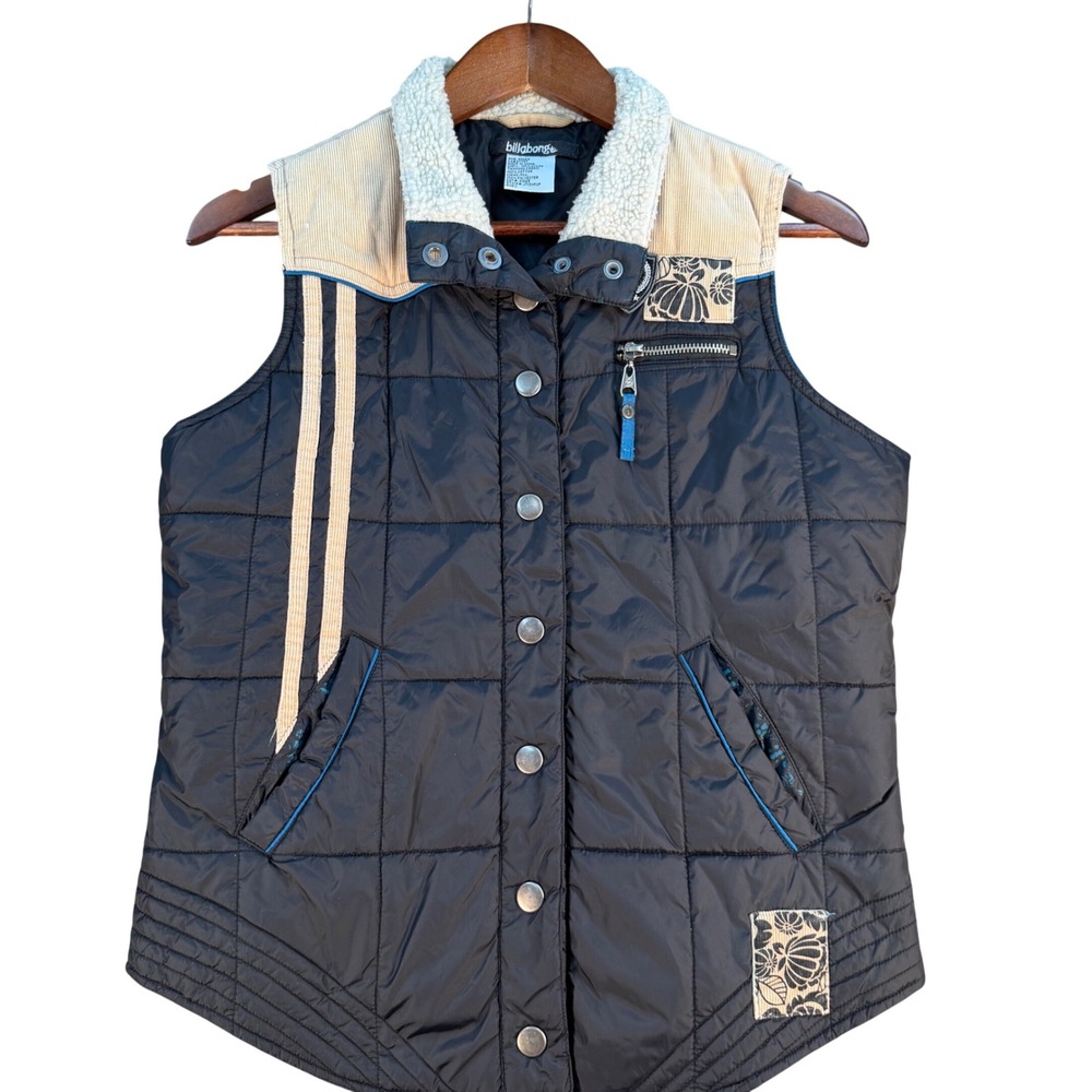 Billabong Women Black Quilted Puffer Vest Corduroy Sherpa Trim Floral Patch L